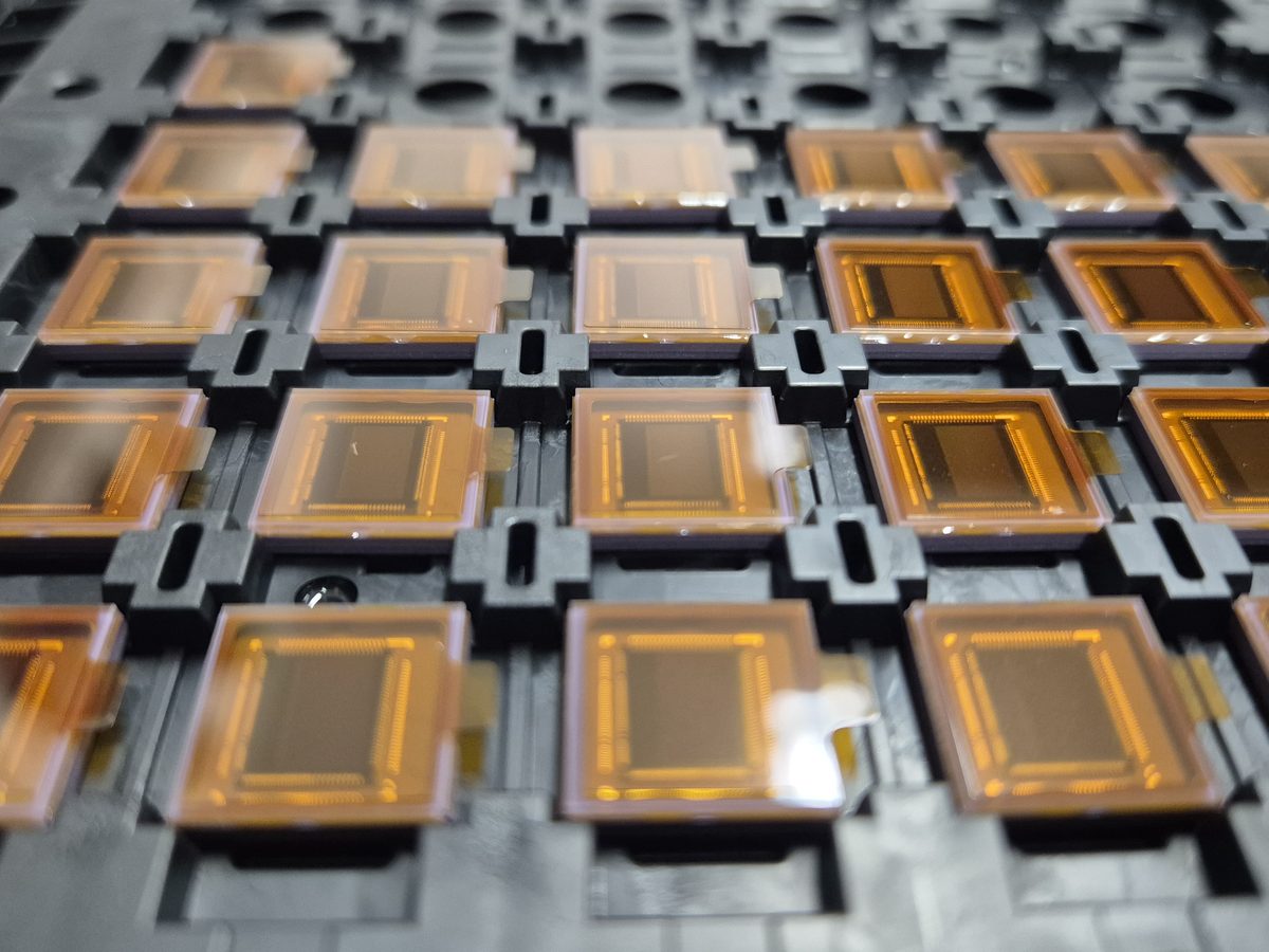 Close-up of electronic components in production trays